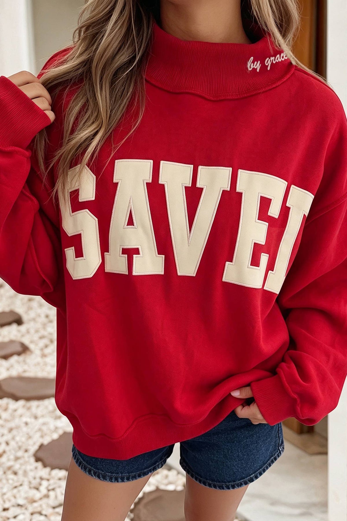 LDC Saved By Grace Mock Neck Sweatshirt: Gray