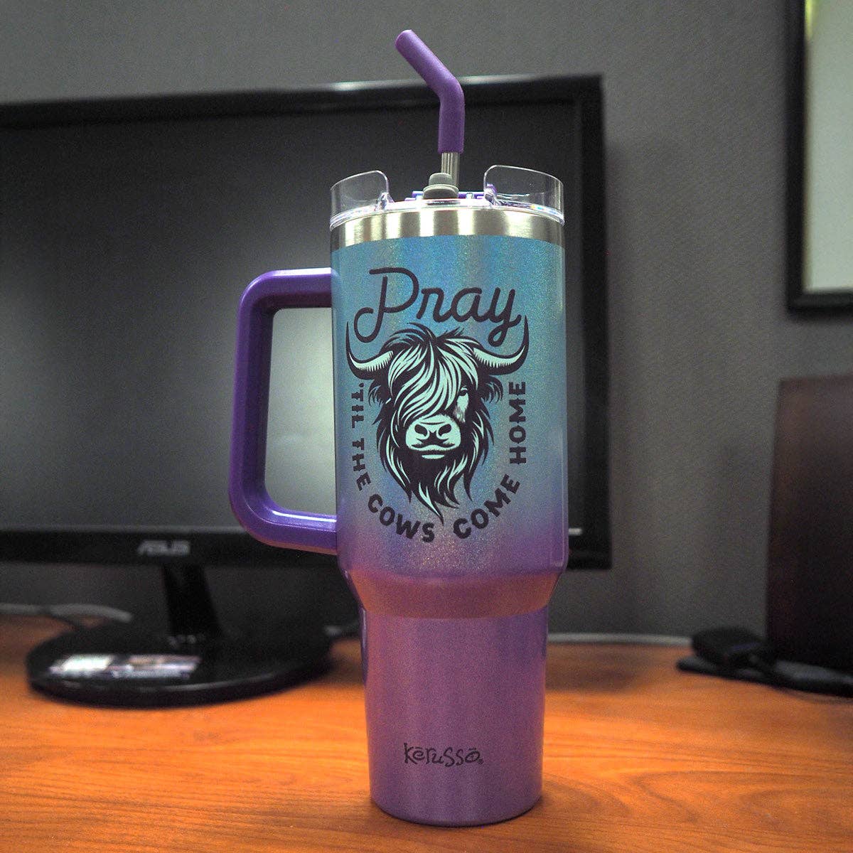 Kerusso 40 oz Stainless Steel Mug With Straw Highland Cow: Teal/Purple / 40 oz