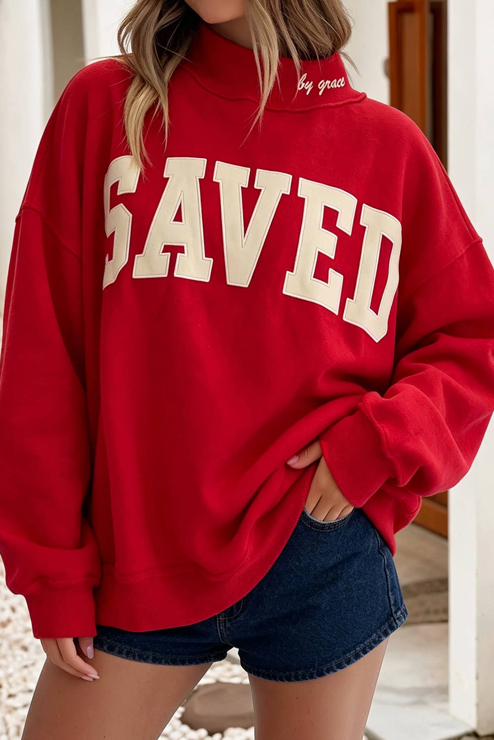 LDC Saved By Grace Mock Neck Sweatshirt: Gray