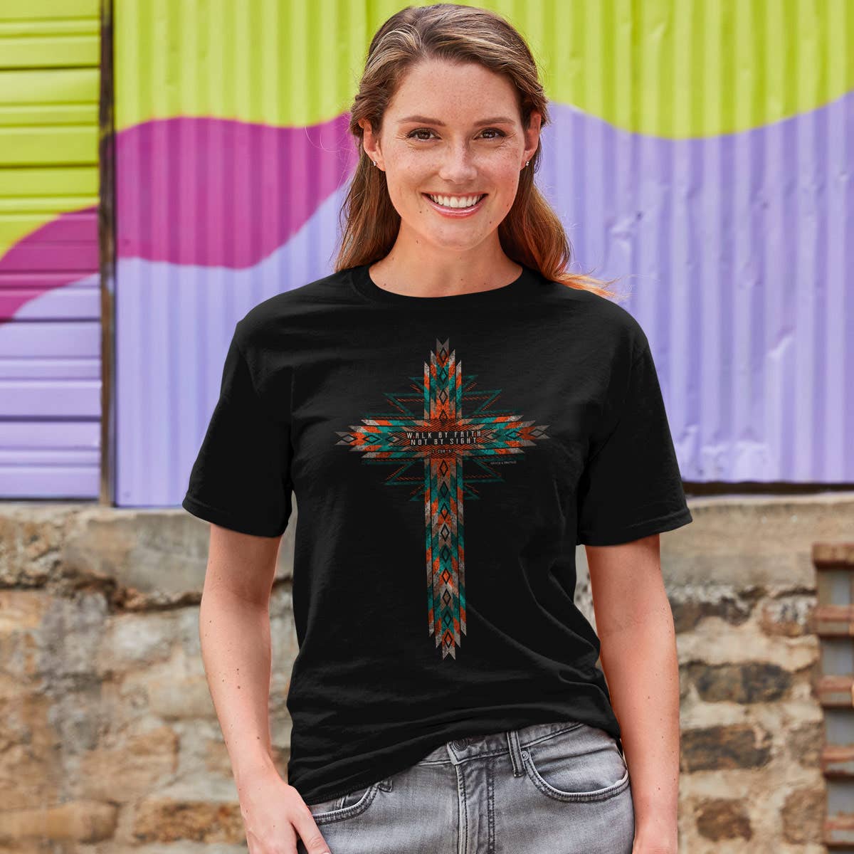 Grace & truth Womens T-Shirt Southwestern Cross: Black / Medium